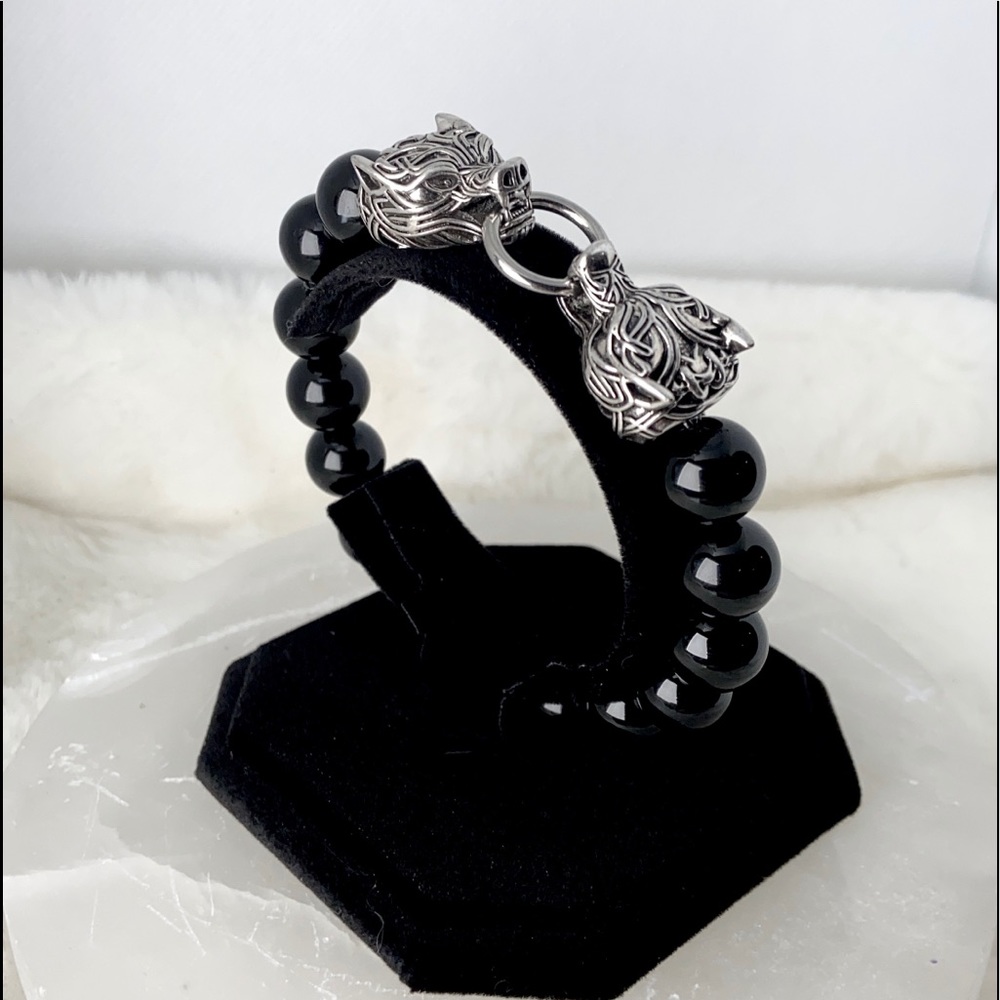 Men or women Rocker viking stainless steel tribal wolfs heads & genuine onyx - Picture 7 of 16